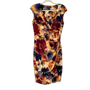 Lauren Ralph Lauren multi fall floral‎ surplice ruched dress with slit. Size 12